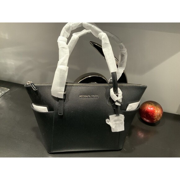 Michael Kors Black,  Logo ,Saffiano  Leather Jet Set Top Zip Tote , NWT - Picture 6 of 11